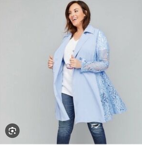 🍁NWOT $139.95  Lane Bryant Blue Lace Details Long Sleeve Trench Coat Size 18/20 - Picture 4 of 7